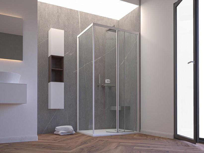 Cabine de douche d'angle Miro' H200 100x90cm porte coulissante et paroi fixe ouverture droite verre 6mm transp. blanc mat | IperCeramica Cabine de douche d'angle Miro' H200 100x90cm porte coulissante et paroi fixe ouverture droite verre 6mm transp. blanc mat | IperCeramica