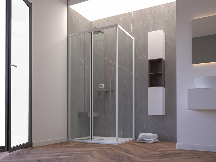 Cabine de douche d'angle Miro' H200 100x90cm porte coulissante et paroi fixe ouverture gauche verre 6mm transp. blanc mat | IperCeramica Cabine de douche d'angle Miro' H200 100x90cm porte coulissante et paroi fixe ouverture gauche verre 6mm transp. blanc mat | IperCeramica