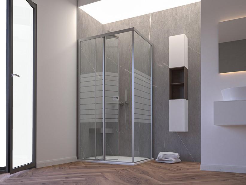 Cabine de douche d'angle Miro' H200 100x90cm porte coulissante paroi fixe ouverture gauche verre 6mm transp. rayures chrome | IperCeramica Cabine de douche d'angle Miro' H200 100x90cm porte coulissante paroi fixe ouverture gauche verre 6mm transp. rayures chrome | IperCeramica
