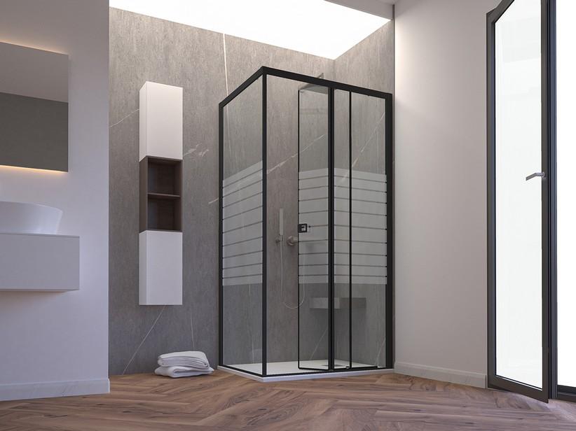 Cabine de douche d'angle Miro' H200 120x80cm porte coulissante paroi fixe ouverture droite verre 6mm transp. rayures noir mat | IperCeramica Cabine de douche d'angle Miro' H200 120x80cm porte coulissante paroi fixe ouverture droite verre 6mm transp. rayures noir mat | IperCeramica
