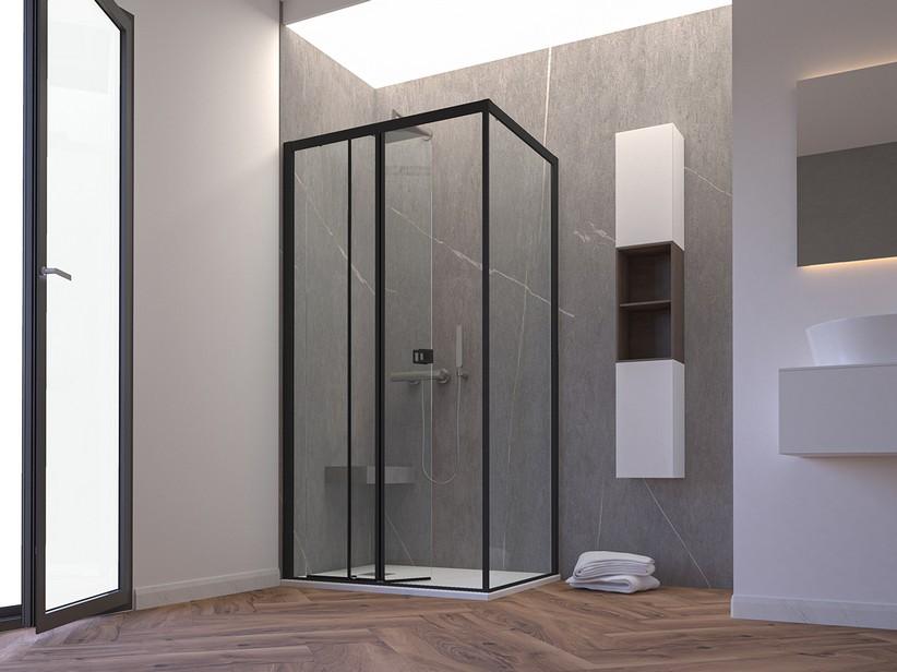 Cabine de douche d'angle Miro' H200 110x80cm porte coulissante et paroi fixe ouverture gauche verre 6mm transp. noir mat | IperCeramica Cabine de douche d'angle Miro' H200 110x80cm porte coulissante et paroi fixe ouverture gauche verre 6mm transp. noir mat | IperCeramica