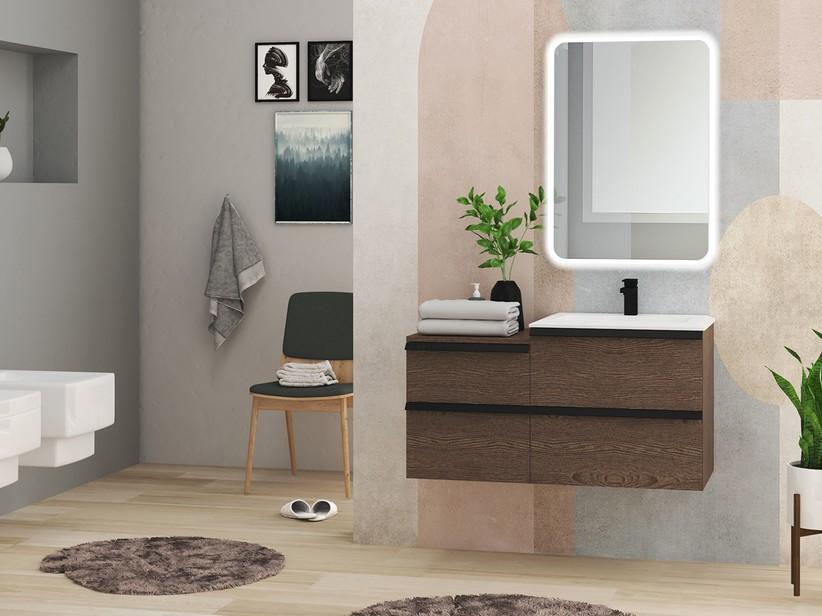 Meuble de salle de bains Noho 105,5 cm avec 2+2 tiroirs frêne foncé et plan de vasque en résine blanc mat | IperCeramica Meuble de salle de bains Noho 105,5 cm avec 2+2 tiroirs frêne foncé et plan de vasque en résine blanc mat | IperCeramica