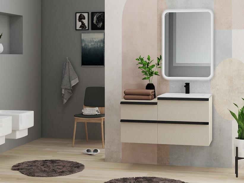 Meuble de salle de bains Noho 105,5 cm avec 2+2 tiroirs blanc spatulé et plan de vasque en résine blanc mat | IperCeramica Meuble de salle de bains Noho 105,5 cm avec 2+2 tiroirs blanc spatulé et plan de vasque en résine blanc mat | IperCeramica