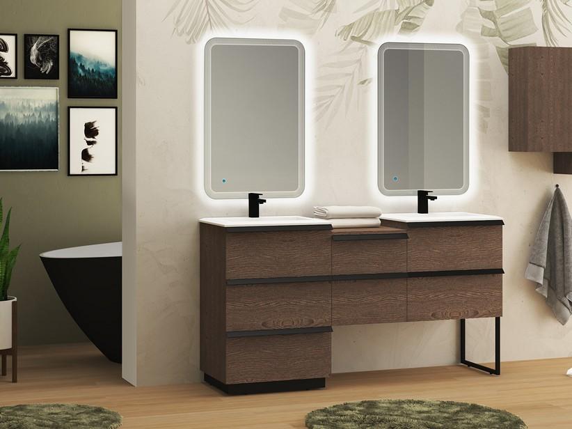 Meuble de salle de bains Noho 166 cm avec 3+2+2 tiroirs frêne foncé et 2 plans de vasque en résine blanc mat | IperCeramica Meuble de salle de bains Noho 166 cm avec 3+2+2 tiroirs frêne foncé et 2 plans de vasque en résine blanc mat | IperCeramica