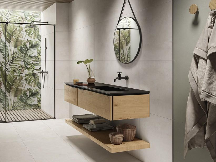 Meuble de salle de bain OXYGEN 140 cm 2 tiroirs chêne naturel lavabo Unitop HIDE droit en résine noir effet pierre | IperCeramica Meuble de salle de bain OXYGEN 140 cm 2 tiroirs chêne naturel lavabo Unitop HIDE droit en résine noir effet pierre | IperCeramica