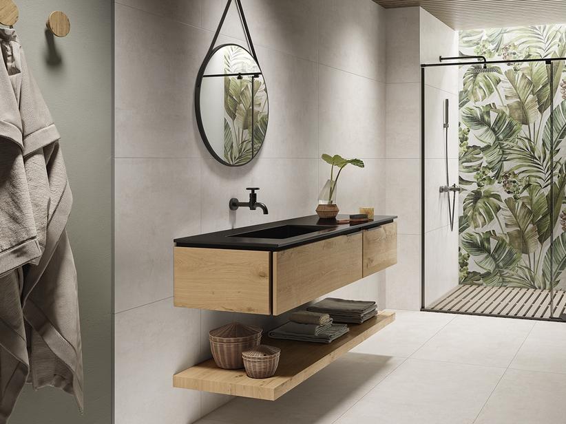 Meuble de salle de bain OXYGEN 140 cm 2 tiroirs chêne naturel lavabo Unitop HIDE gauche résine noir effet pierre | IperCeramica Meuble de salle de bain OXYGEN 140 cm 2 tiroirs chêne naturel lavabo Unitop HIDE gauche résine noir effet pierre | IperCeramica