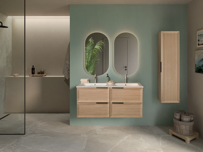Meuble de salle de bains Modula 121 4 tiroirs chêne clair et lavabo Unitop en résine Slim | IperCeramica Meuble de salle de bains Modula 121 4 tiroirs chêne clair et lavabo Unitop en résine Slim | IperCeramica