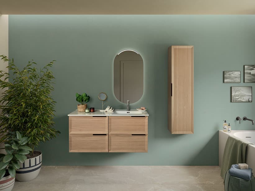 Meuble salle de bains Modula 121 4 tiroirs chêne clair avec lavabo Unitop céramique Avivo droite | IperCeramica Meuble salle de bains Modula 121 4 tiroirs chêne clair avec lavabo Unitop céramique Avivo droite | IperCeramica
