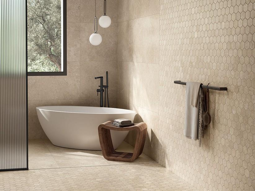 Mosaïque Sakkara Sand hexagonale 29x27 grès cérame effet pierre calcaire beige | IperCeramica Mosaïque Sakkara Sand hexagonale 29x27 grès cérame effet pierre calcaire beige | IperCeramica