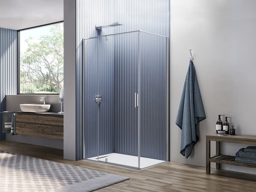 Cabine de douche d'angle Onda 120x70 H200 porte pivotante et paroi latérale verre 6 mm transparent et profilés chrome | IperCeramica Cabine de douche d'angle Onda 120x70 H200 porte pivotante et paroi latérale verre 6 mm transparent et profilés chrome | IperCeramica