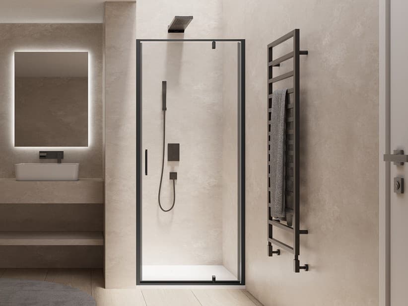 Porte de douche pivotante Onda Ext 85,5/89,5 verre transparent 6 mm noir mat | IperCeramica Porte de douche pivotante Onda Ext 85,5/89,5 verre transparent 6 mm noir mat | IperCeramica