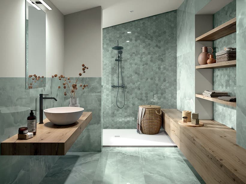 Mosaïque hexagonale Onyx Green 29x27 grès cérame effet marbre onyx vert brillant | IperCeramica Mosaïque hexagonale Onyx Green 29x27 grès cérame effet marbre onyx vert brillant | IperCeramica
