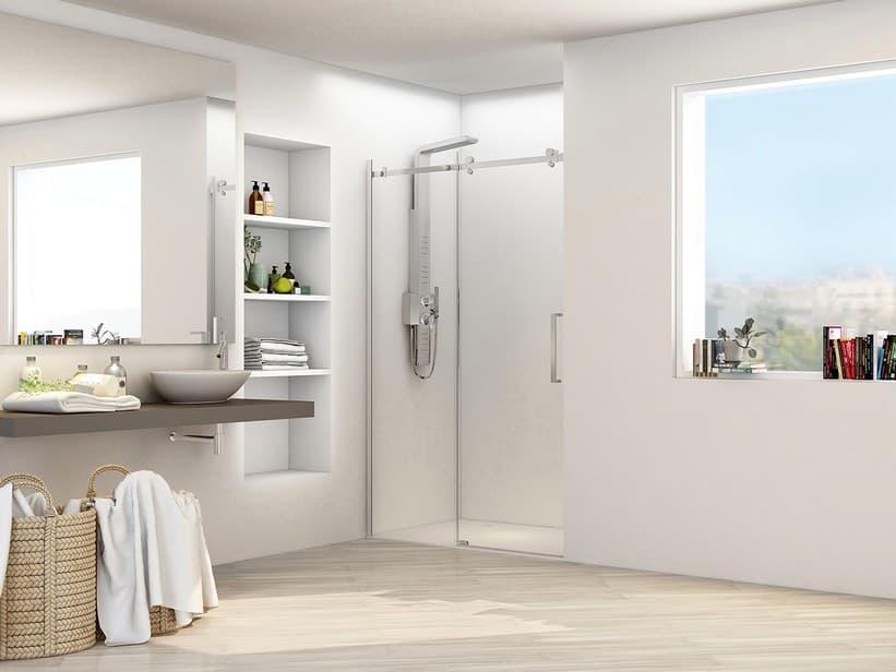 OXO INOX Porte de douche coulissante pour niche 140 cm verre 8 mm et profilés acier inox brossé | IperCeramica OXO INOX Porte de douche coulissante pour niche 140 cm verre 8 mm et profilés acier inox brossé | IperCeramica
