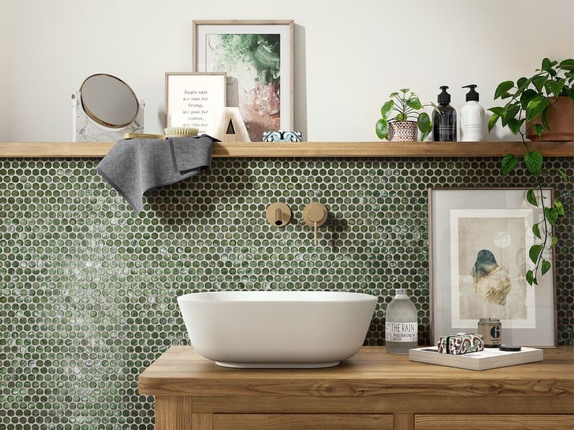 Mosaïque ronde en verre Penny Green 28,6x28,6 cm vert avec feuille d'argent | IperCeramica Mosaïque ronde en verre Penny Green 28,6x28,6 cm vert avec feuille d'argent | IperCeramica