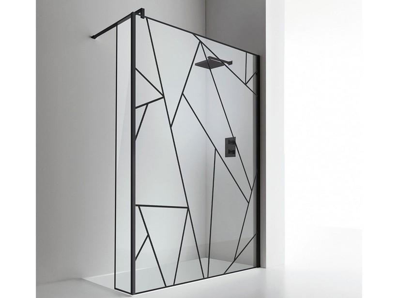 Paroi de douche à l'italienne Plano 90 cm H 200 déflecteur fixe verre 8 mm sérigraphie géométrique profils cadre noir mat | IperCeramica Paroi de douche à l'italienne Plano 90 cm H 200 déflecteur fixe verre 8 mm sérigraphie géométrique profils cadre noir mat | IperCeramica