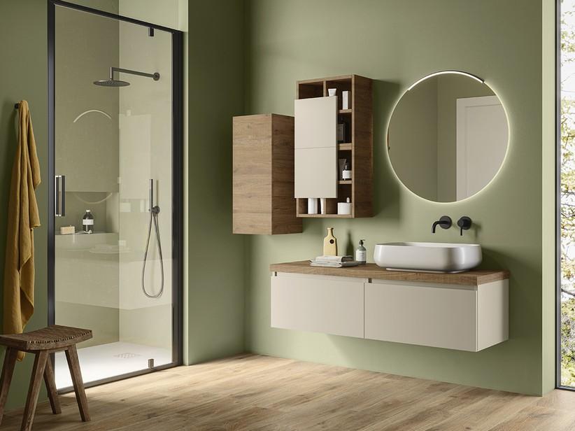Meuble de salle de bains Qubo 140 cm 2 tiroirs et base Cashmere avec plan Sherwood | IperCeramica Meuble de salle de bains Qubo 140 cm 2 tiroirs et base Cashmere avec plan Sherwood | IperCeramica