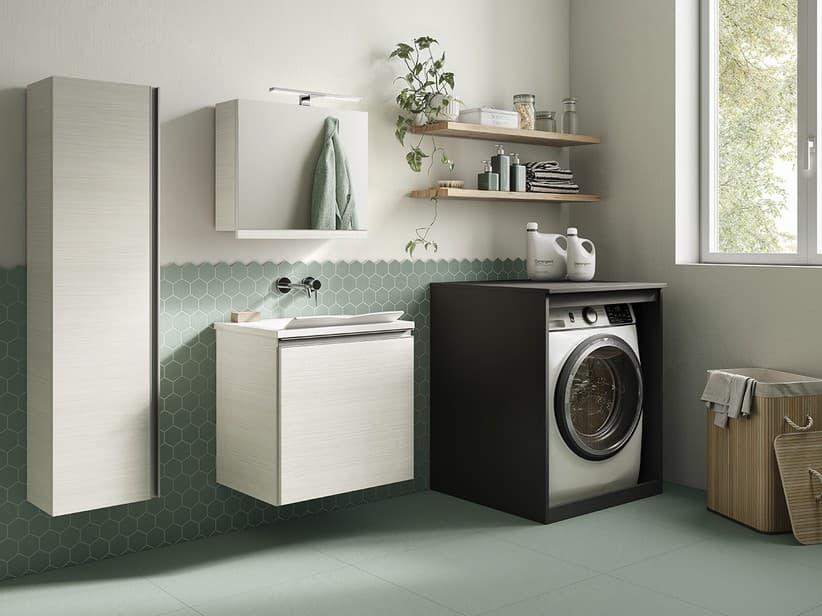 Meuble de buanderie gain de place SMART 60 cm 1 porte mélèze blanc et lavoir WASH | IperCeramica Meuble de buanderie gain de place SMART 60 cm 1 porte mélèze blanc et lavoir WASH | IperCeramica