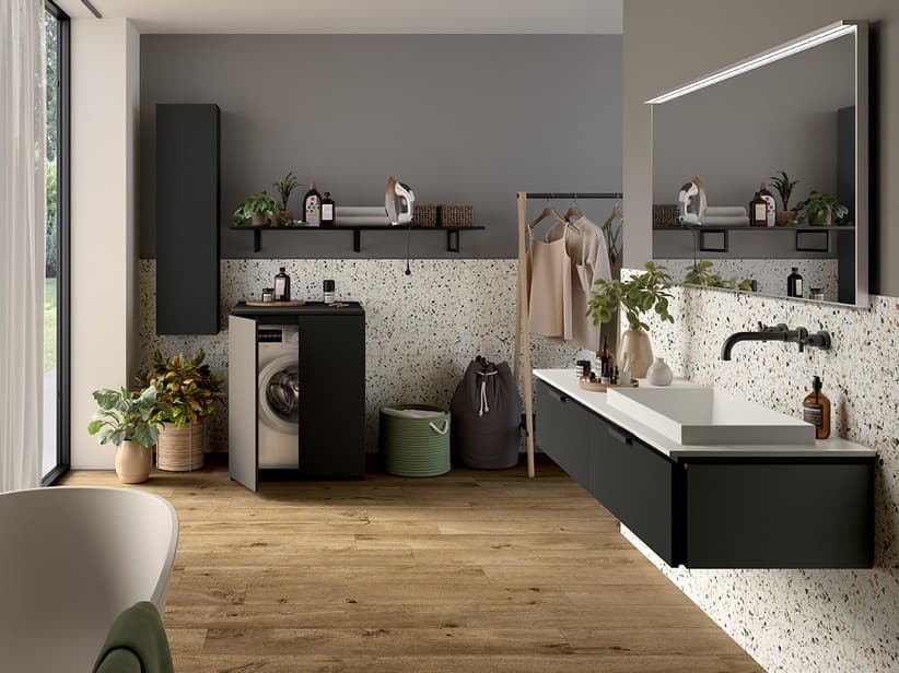 Meuble de salle de bains TOUCH 140 cm 2 tiroirs Phoenix noir mat et lavabo Unitop à droite semi-encastré STAR-PIETRA blanc | IperCeramica Meuble de salle de bains TOUCH 140 cm 2 tiroirs Phoenix noir mat et lavabo Unitop à droite semi-encastré STAR-PIETRA blanc | IperCeramica