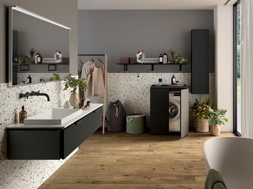 Meuble de salle de bains TOUCH 140 cm 2 tiroirs Phoenix noir mat et lavabo Unitop à gauche semi-encastré STAR blanc mat | IperCeramica Meuble de salle de bains TOUCH 140 cm 2 tiroirs Phoenix noir mat et lavabo Unitop à gauche semi-encastré STAR blanc mat | IperCeramica