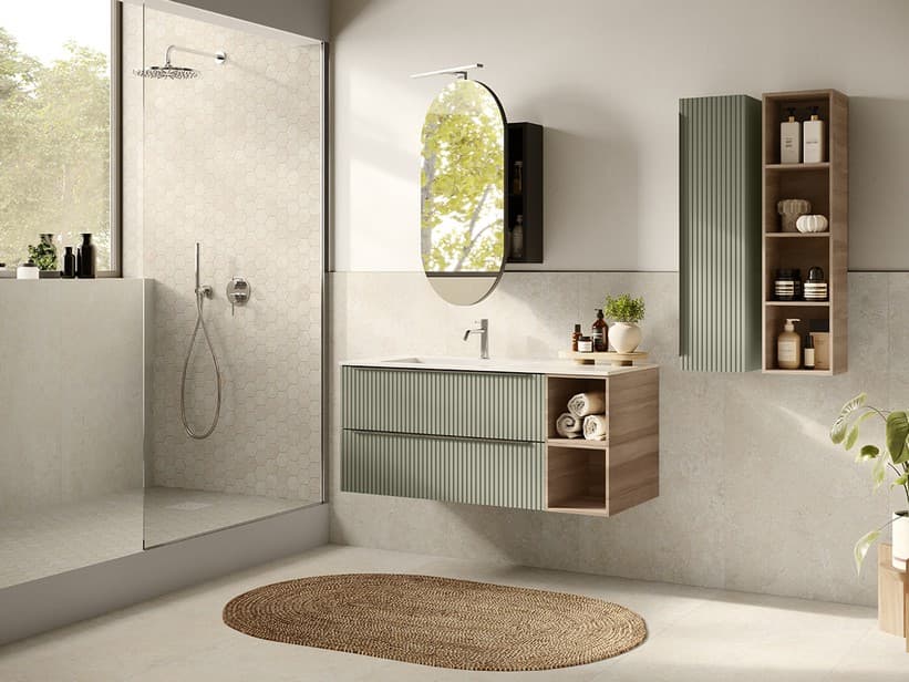 Meuble de salle de bains Trendy 115 cm 2 tiroirs cannelé vert mat/noyer et lavabo Hide gauche blanc brillant | IperCeramica Meuble de salle de bains Trendy 115 cm 2 tiroirs cannelé vert mat/noyer et lavabo Hide gauche blanc brillant | IperCeramica