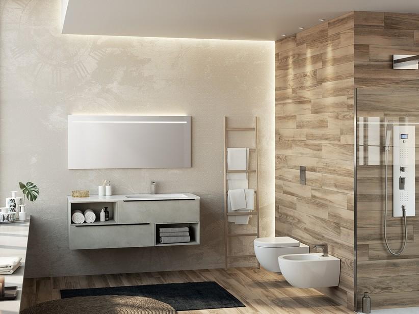Meuble de salle de bains Trendy 140 cm 2 tiroirs lavabo en résine Hide blanc brillant droit | IperCeramica Meuble de salle de bains Trendy 140 cm 2 tiroirs lavabo en résine Hide blanc brillant droit | IperCeramica