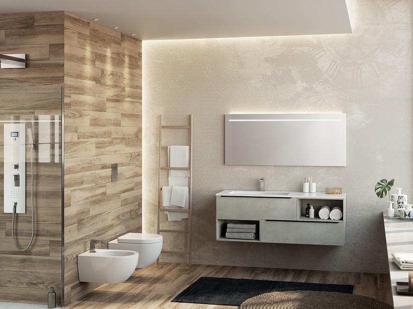 Meuble de salle de bains Trendy 141 cm 2 tiroirs lavabo en résine Hide blanc mat gauche | IperCeramica Meuble de salle de bains Trendy 141 cm 2 tiroirs lavabo en résine Hide blanc mat gauche | IperCeramica