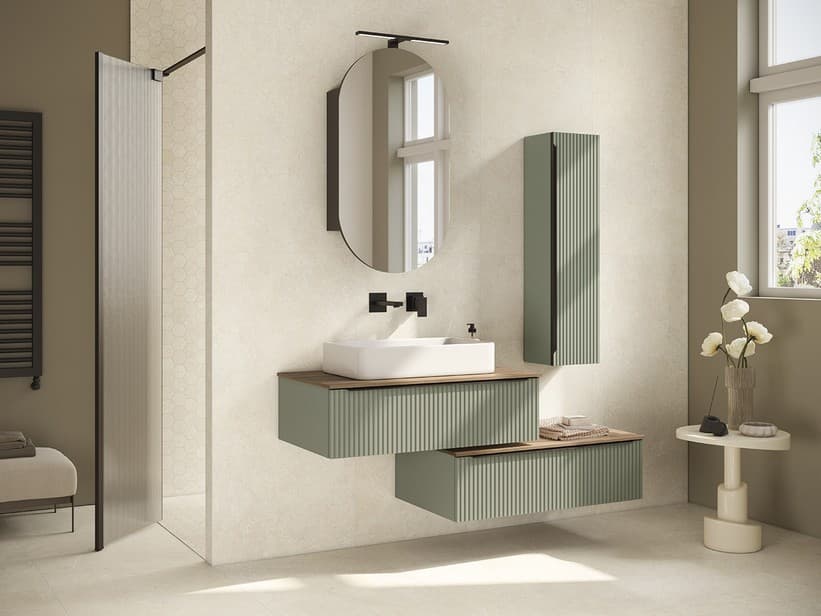 Meuble de salle de bains suspendu Trendy 90 cm cannelé vert mat et plan noyer Belgravia | IperCeramica Meuble de salle de bains suspendu Trendy 90 cm cannelé vert mat et plan noyer Belgravia | IperCeramica
