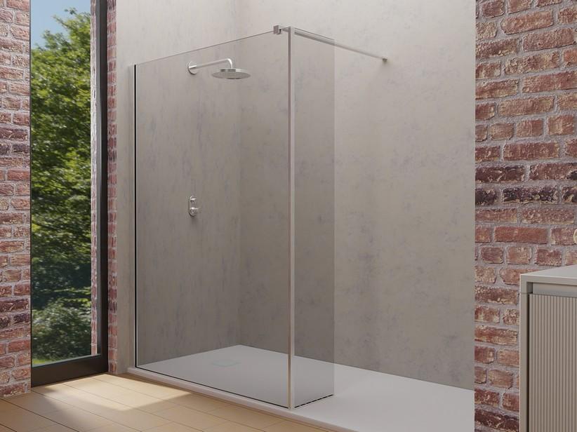 Paroi de douche à l’italienne Plano 100 cm H200 verre 6 mm transparent et déflecteur fixe avec profilés effet inox brossé | IperCeramica Paroi de douche à l’italienne Plano 100 cm H200 verre 6 mm transparent et déflecteur fixe avec profilés effet inox brossé | IperCeramica