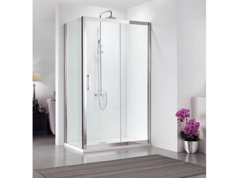 Cabine de douche d'angle Zeus 80x140 h200 Ext 78/79,5-138,4/139,9 porte coulissante paroi lat. verre tr. 8mm inox effet miroir | IperCeramica Cabine de douche d'angle Zeus 80x140 h200 Ext 78/79,5-138,4/139,9 porte coulissante paroi lat. verre tr. 8mm inox effet miroir | IperCeramica