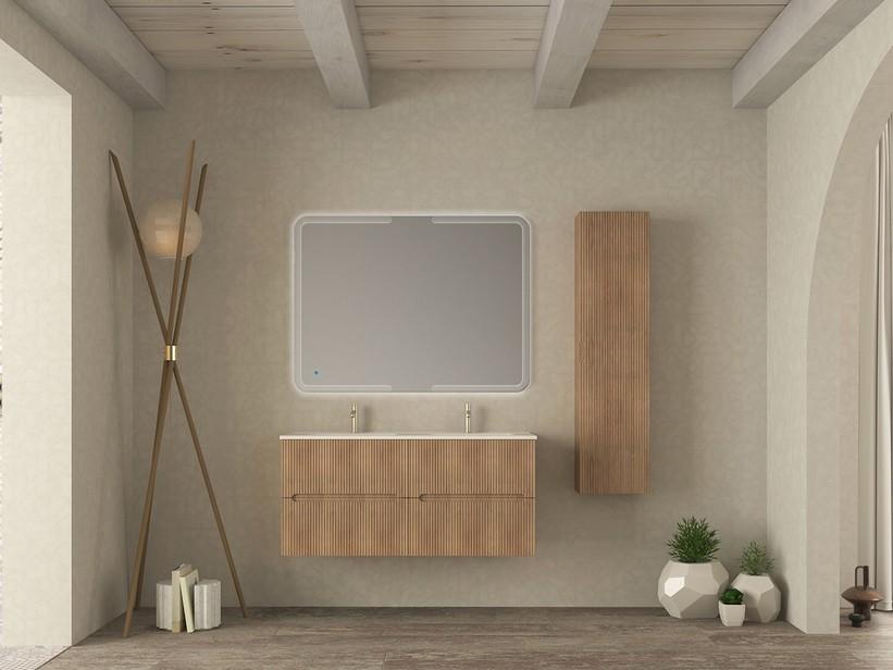 Badezimmermöbel FARO 120 cm gerippte Tabak-Eiche und Waschbecken Unitop aus Keramik ANDY Weiß glänzend | IperCeramica Badezimmermöbel FARO 120 cm gerippte Tabak-Eiche und Waschbecken Unitop aus Keramik ANDY Weiß glänzend | IperCeramica