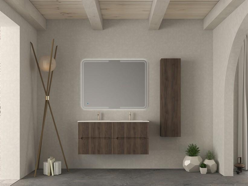 Badezimmermöbel FARO 120 cm gerippte Nussbaum und Waschbecken Unitop aus Harz SLIM Weiß Hochglanz | IperCeramica Badezimmermöbel FARO 120 cm gerippte Nussbaum und Waschbecken Unitop aus Harz SLIM Weiß Hochglanz | IperCeramica