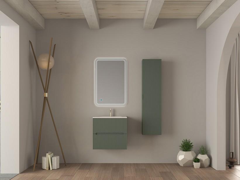 Badezimmermöbel FARO 60 cm gerippte Grün Matt und Waschbecken Unitop aus Harz SLIM Weiß Glänzend | IperCeramica Badezimmermöbel FARO 60 cm gerippte Grün Matt und Waschbecken Unitop aus Harz SLIM Weiß Glänzend | IperCeramica