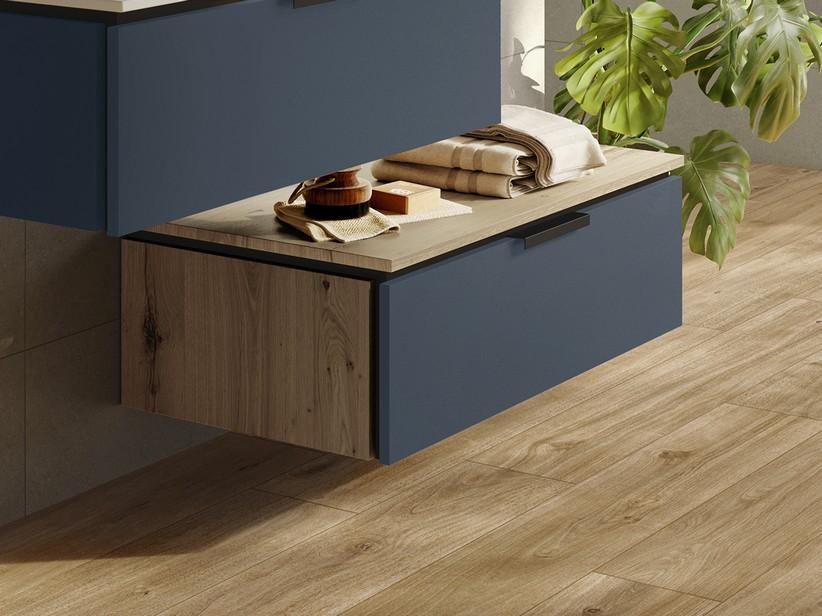 Kommode Touch 90 cm 1 Schublade Blau Matt mit Seitenteilen und 1,8 cm dicke Platte Eiche mit Knorren | IperCeramica Kommode Touch 90 cm 1 Schublade Blau Matt mit Seitenteilen und 1,8 cm dicke Platte Eiche mit Knorren | IperCeramica