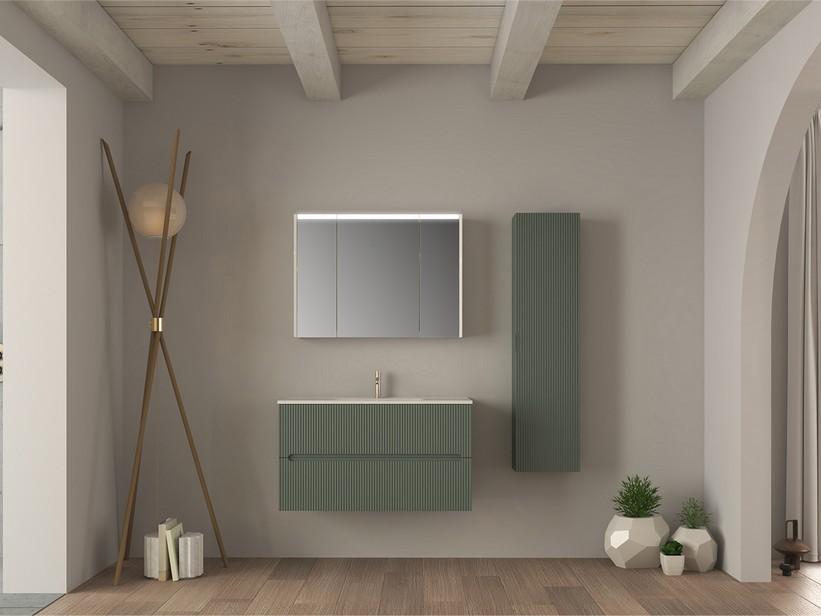 Badezimmermöbel FARO 100 cm gerippte Grün Matt und Waschbecken Unitop aus Keramik ANDY Weiß Glänzend | IperCeramica Badezimmermöbel FARO 100 cm gerippte Grün Matt und Waschbecken Unitop aus Keramik ANDY Weiß Glänzend | IperCeramica