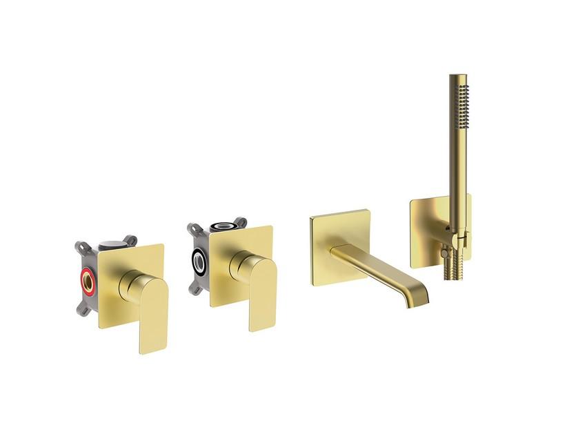 Badewannenarmatur Wandmontage mit Handbrause Kyra Einhebel aus PVD satiniert Gold | IperCeramica Badewannenarmatur Wandmontage mit Handbrause Kyra Einhebel aus PVD satiniert Gold | IperCeramica