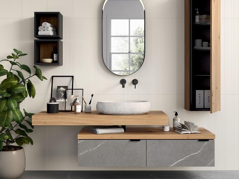 Hängekommode CLASS GRES 140 cm 2 Schubladen aus Feinsteinzeug Pietra Piasentina und Platte St. 4,5 cm aus Eiche mit Knorren | IperCeramica Hängekommode CLASS GRES 140 cm 2 Schubladen aus Feinsteinzeug Pietra Piasentina und Platte St. 4,5 cm aus Eiche mit Knorren | IperCeramica