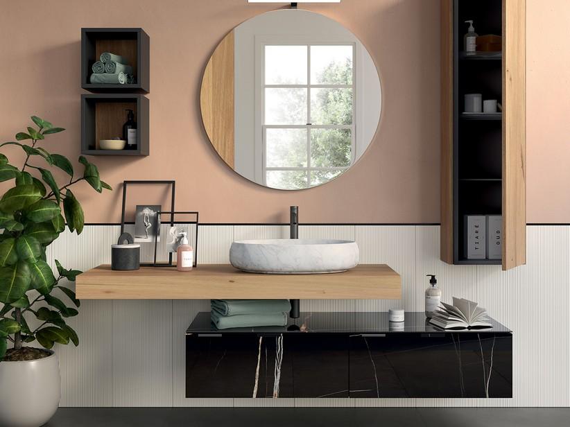 Hängekommode CLASS GRES 140 cm 2 Schubladen und Platte aus Feinsteinzeug Sahara Noir glänzend | IperCeramica Hängekommode CLASS GRES 140 cm 2 Schubladen und Platte aus Feinsteinzeug Sahara Noir glänzend | IperCeramica