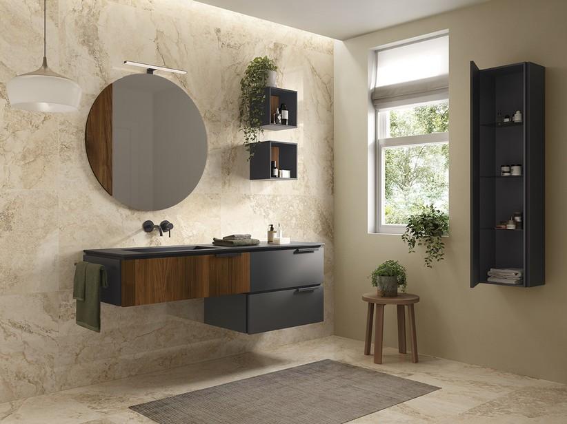 Badmöbel TOUCH 160 cm 3 Schubladen Phoenix Schwarz Matt/Cannucciato Walnuss und Waschbecken HIDE Links Schwarz | IperCeramica Badmöbel TOUCH 160 cm 3 Schubladen Phoenix Schwarz Matt/Cannucciato Walnuss und Waschbecken HIDE Links Schwarz | IperCeramica