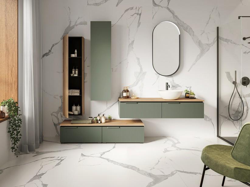 Badmöbel BLUES 140 cm 2 gerippte Schubladen Salbeigrün matt und Platte 1,8 cm aus Eiche mit Knorren | IperCeramica Badmöbel BLUES 140 cm 2 gerippte Schubladen Salbeigrün matt und Platte 1,8 cm aus Eiche mit Knorren | IperCeramica