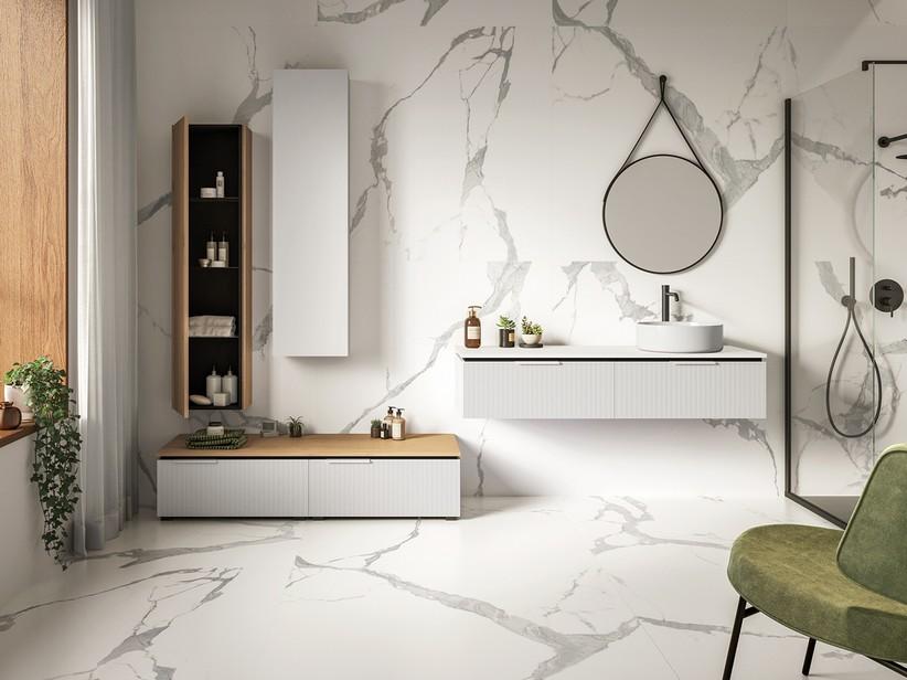 Badmöbel BLUES 140 cm 2 gerippte Schubladen und 1,2 cm dicke Platte Weiß Matt | IperCeramica Badmöbel BLUES 140 cm 2 gerippte Schubladen und 1,2 cm dicke Platte Weiß Matt | IperCeramica