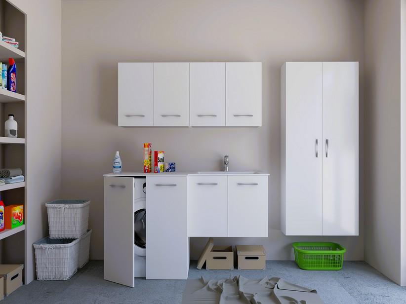 Waschküchenschrank BONK 140x51/63 cm 4 Türen mit Waschbecken aus Mineralwerkstoff rechts - Weiß glänzend | IperCeramica Waschküchenschrank BONK 140x51/63 cm 4 Türen mit Waschbecken aus Mineralwerkstoff rechts - Weiß glänzend | IperCeramica