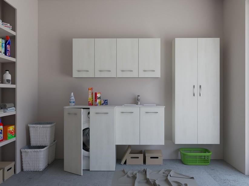 Waschküchenschrank BONK 140x51/63 cm 4 Türen mit Waschbecken aus Mineralwerkstoff rechts – Matrixweiß | IperCeramica Waschküchenschrank BONK 140x51/63 cm 4 Türen mit Waschbecken aus Mineralwerkstoff rechts – Matrixweiß | IperCeramica