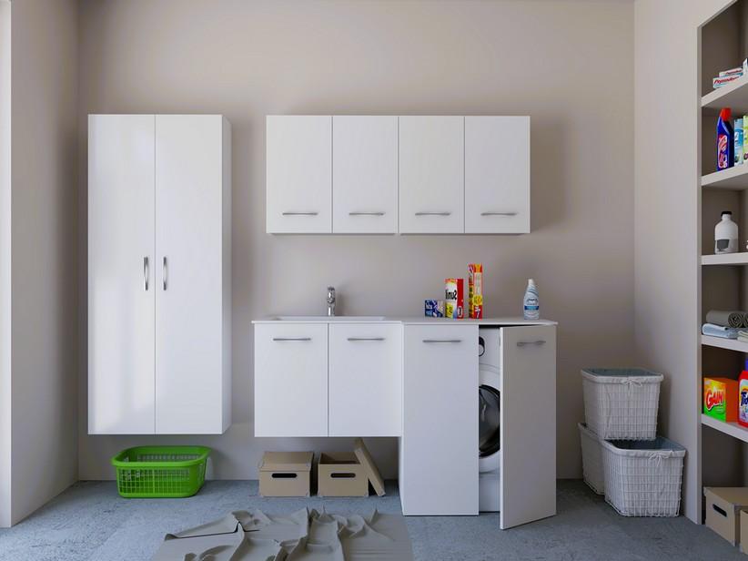 Waschküchenschrank BONK 140x51/63 cm 4 Türen mit Waschbecken aus Mineralwerkstoff links - Weiß glänzend | IperCeramica Waschküchenschrank BONK 140x51/63 cm 4 Türen mit Waschbecken aus Mineralwerkstoff links - Weiß glänzend | IperCeramica