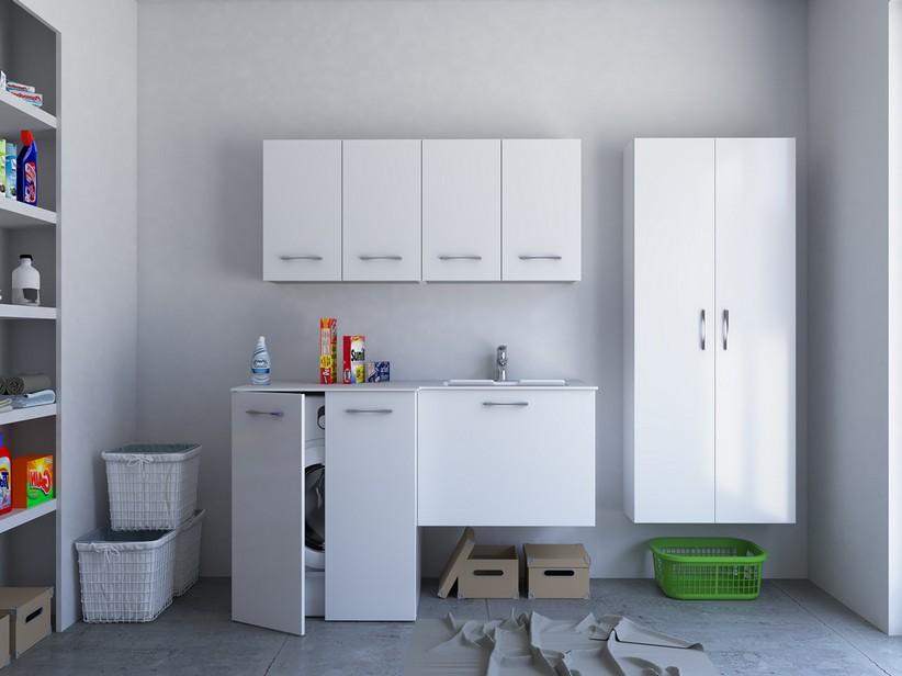 Waschküchenschrank BONK 140x51/63 cm 2 Türen und Schublade mit Waschbecken aus Mineralwerkstoff rechts - Weiß glänzend | IperCeramica Waschküchenschrank BONK 140x51/63 cm 2 Türen und Schublade mit Waschbecken aus Mineralwerkstoff rechts - Weiß glänzend | IperCeramica