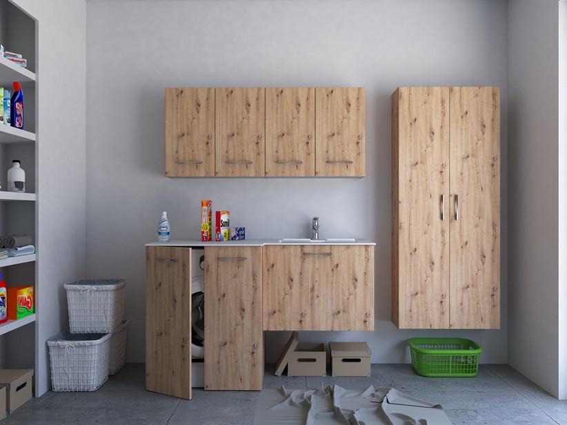 Waschküchenschrank BONK 140x51/63 cm 2 Türen und Schublade mit Waschbecken aus Mineralwerkstoff rechts - Eiche mit Astlöchern | IperCeramica Waschküchenschrank BONK 140x51/63 cm 2 Türen und Schublade mit Waschbecken aus Mineralwerkstoff rechts - Eiche mit Astlöchern | IperCeramica