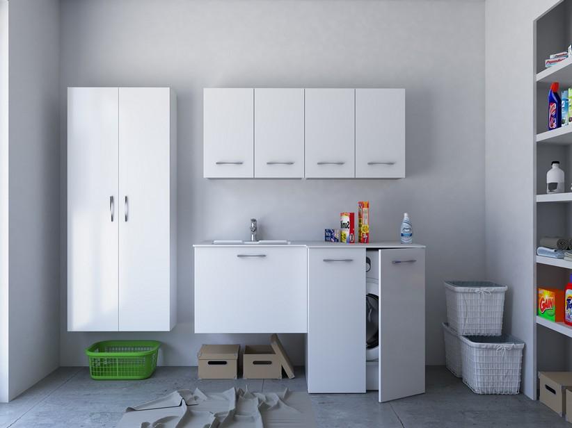 Waschküchenschrank BONK 140x51/63 cm 2 Türen und Schublade mit Waschbecken aus Mineralwerkstoff links - Weiß glänzend | IperCeramica Waschküchenschrank BONK 140x51/63 cm 2 Türen und Schublade mit Waschbecken aus Mineralwerkstoff links - Weiß glänzend | IperCeramica