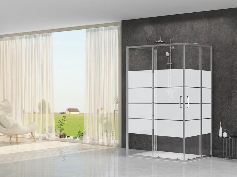 Duschkabine Arek 70x70x70 H190 Erw 68/69,5-69,2/70,7 Schiebetüren fester Teil Krist 6 mm Transp Siebdruck Chrom | IperCeramica Duschkabine Arek 70x70x70 H190 Erw 68/69,5-69,2/70,7 Schiebetüren fester Teil Krist 6 mm Transp Siebdruck Chrom | IperCeramica