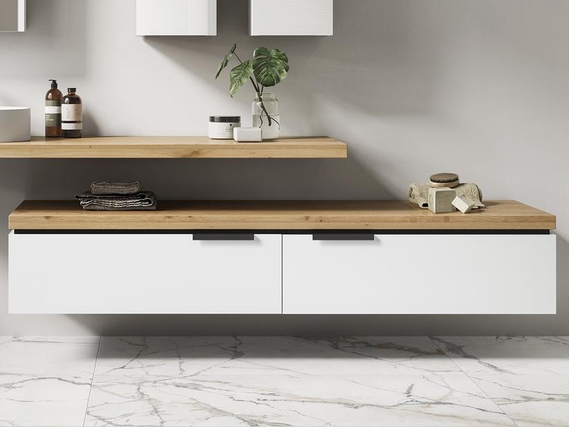 Kommode TOUCH 140 cm 2 Schubladen Weiß glänzend und 4,5 cm dicke Eichenplatte mit Knorren | IperCeramica Kommode TOUCH 140 cm 2 Schubladen Weiß glänzend und 4,5 cm dicke Eichenplatte mit Knorren | IperCeramica