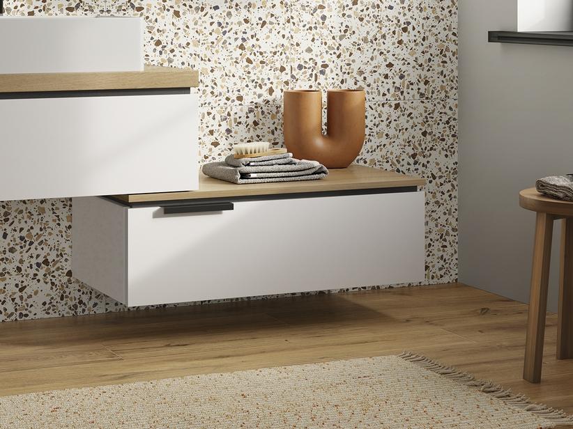 Kommode TOUCH 90 cm 1 Schublade Weiß glänzend und Eichenplatte mit Knorren | IperCeramica Kommode TOUCH 90 cm 1 Schublade Weiß glänzend und Eichenplatte mit Knorren | IperCeramica