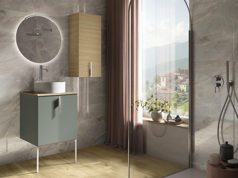 Badezimmermöbel DESK 50 cm 1 Tür Mattgrün / Eiche – Griff und Füße Mattweiß | IperCeramica Badezimmermöbel DESK 50 cm 1 Tür Mattgrün / Eiche – Griff und Füße Mattweiß | IperCeramica